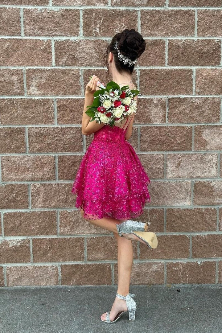 short pink sequin homecoming dress Hot Pink Sequin Short Homecoming Dress with Cut Out Hot Pink / 10