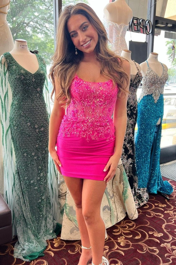 Koscy Hot Pink Sequin Lace Backless Fitted Homecoming Dress