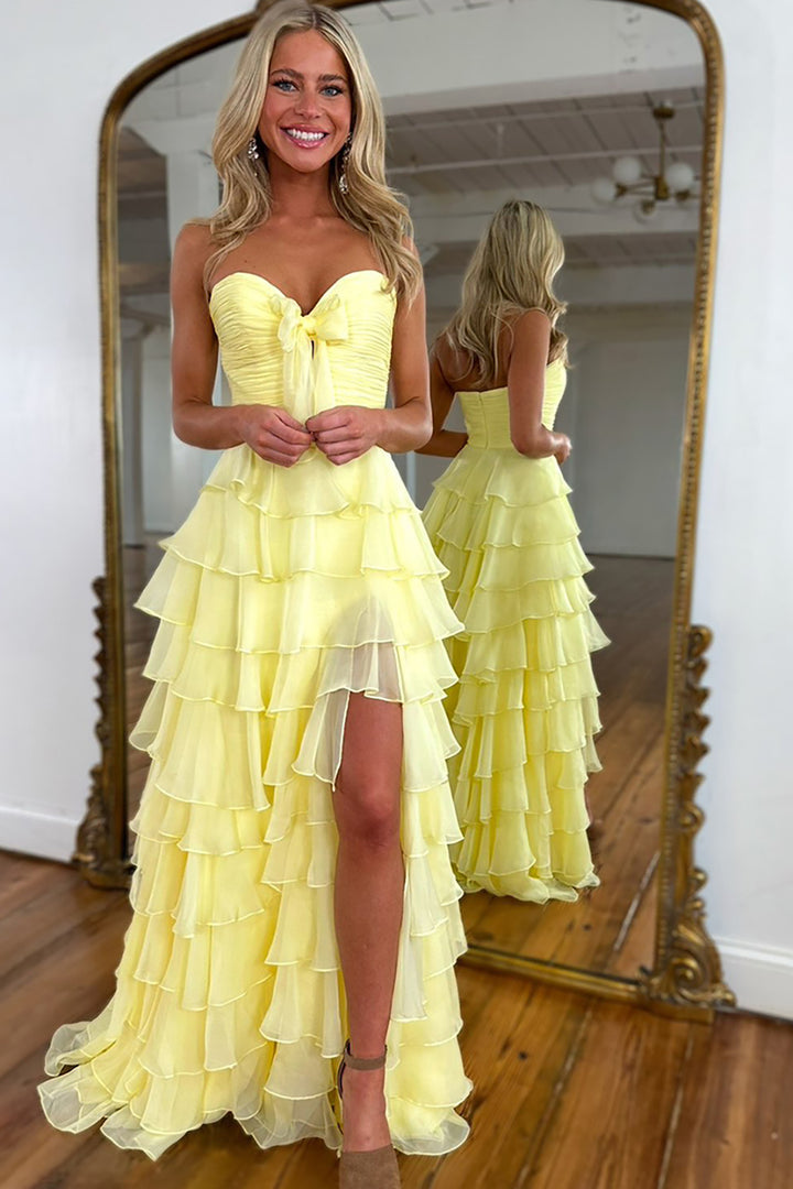 Hot Pink Sweetheart A-Line Chiffon Long Ruffled Prom Dress with Slit