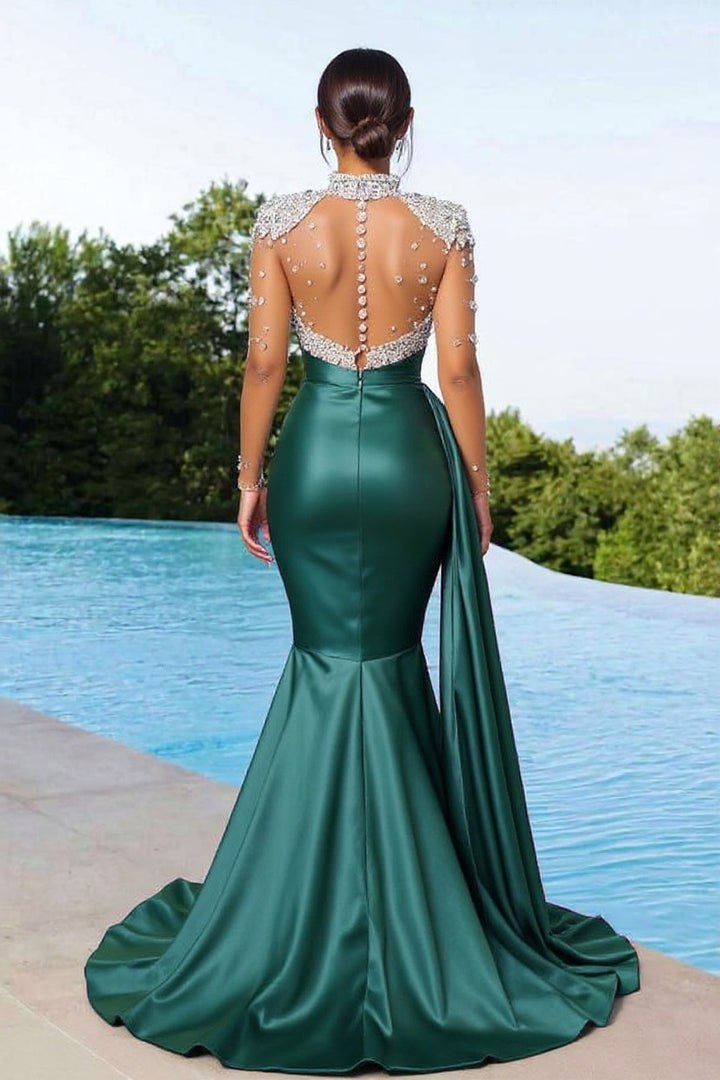 Long Sleeve Purple Satin Mermaid Prom Dress with Trail Beadings
