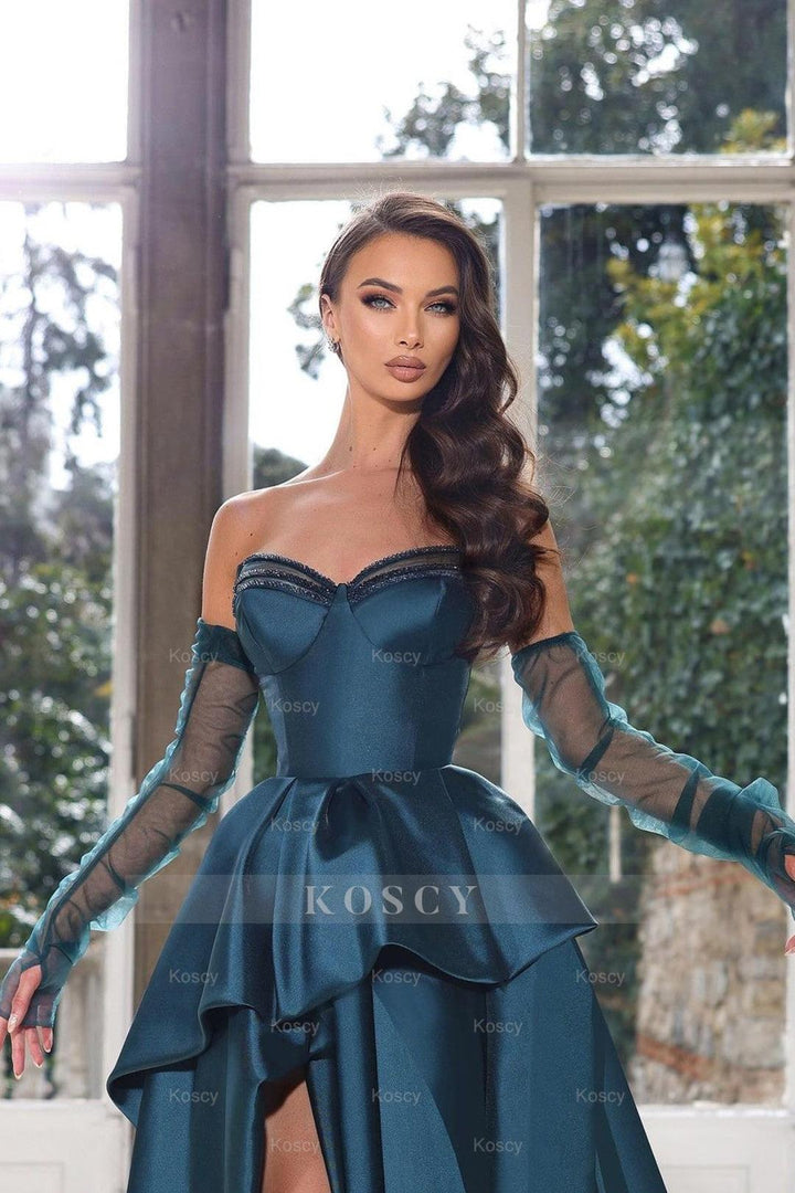 Ink Blue Prom Dress: Glamorous Half Sleeves Strapless Gown with High S