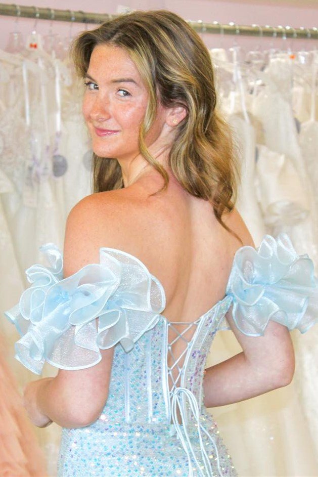 Koscy Bodycon Off-the-Shoulder Blue Iridescent Sequin Short Homecoming Dress