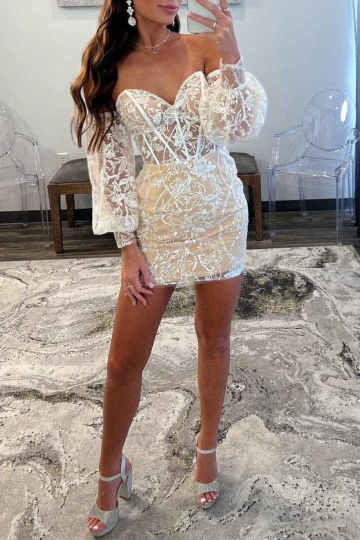Koscy Ivory Lace Strapless Short Homecoming Dress with Detachable Sleeves