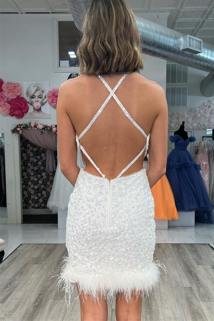 Koscy Ivory Sequins Sheath Halter Straps Homecoming Dress with Feathers