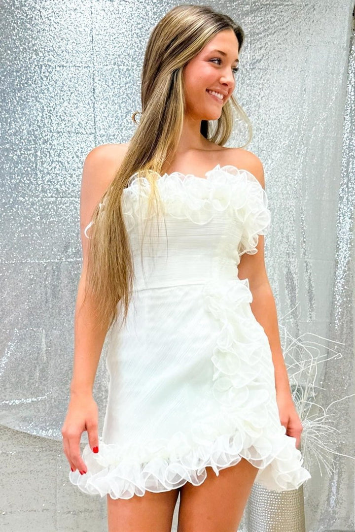 Koscy Sheath Ivory Sweetheart Strapless Short Homecoming Dress with Ruffles