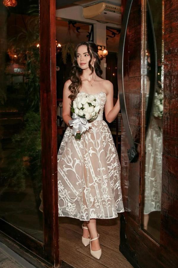 Ivory Tea Length Wedding Dress Strapless Sweetheart Sheer Illusion Boned Corset All-Over Ivory Baroque Scroll Vine Lace Embroidery Lace-Up Back White Satin Bow Waist Sash A-Line