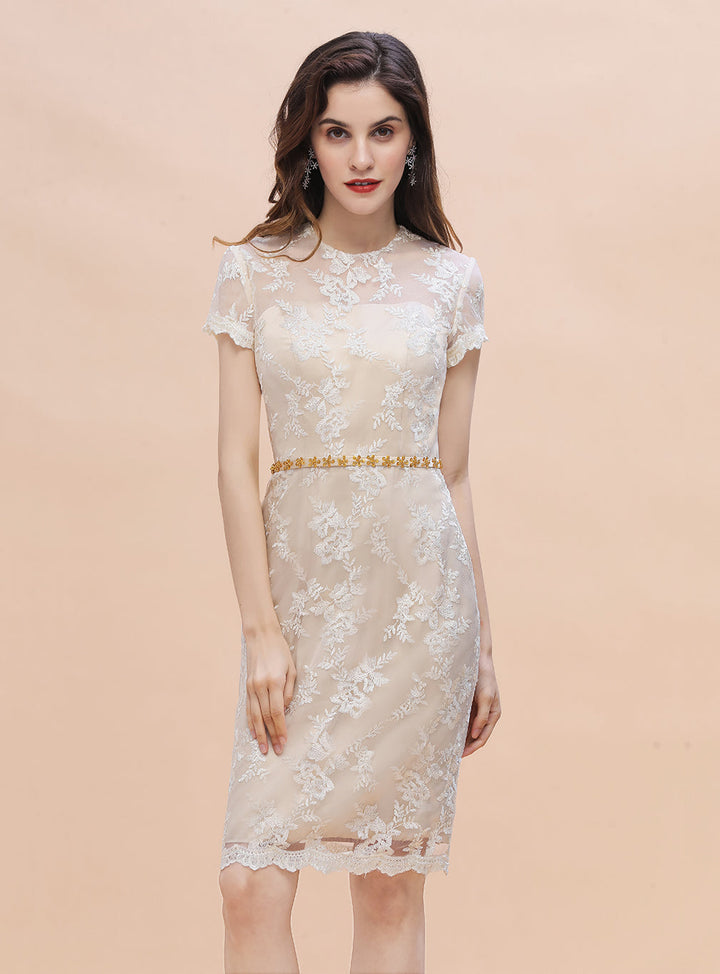 Jewel Short Sleeves Tulle Lace Knee-Length Dress-koscy