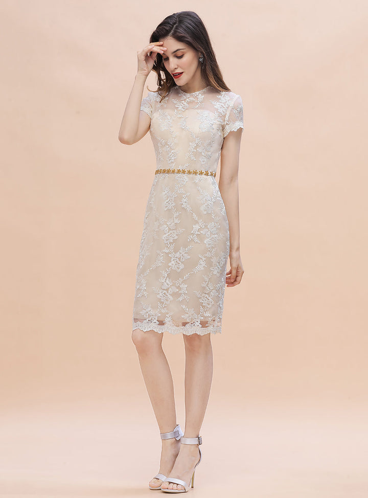 Jewel Short Sleeves Tulle Lace Knee-Length Dress-koscy