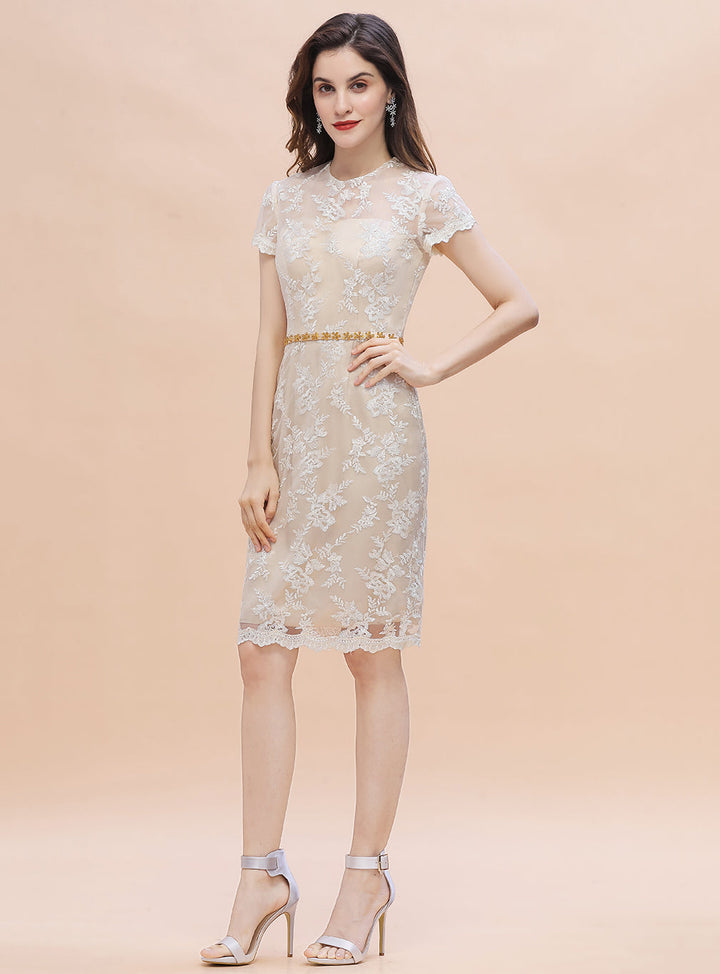 Jewel Short Sleeves Tulle Lace Knee-Length Dress-koscy