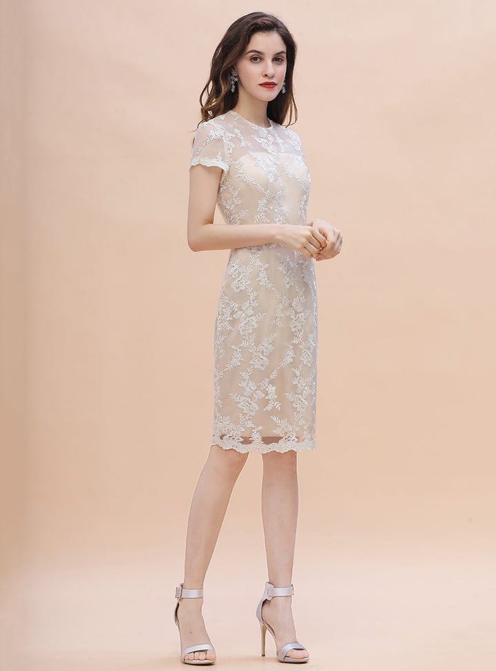 Jewel Short Sleeves Tulle Lace Knee-Length Dress-koscy