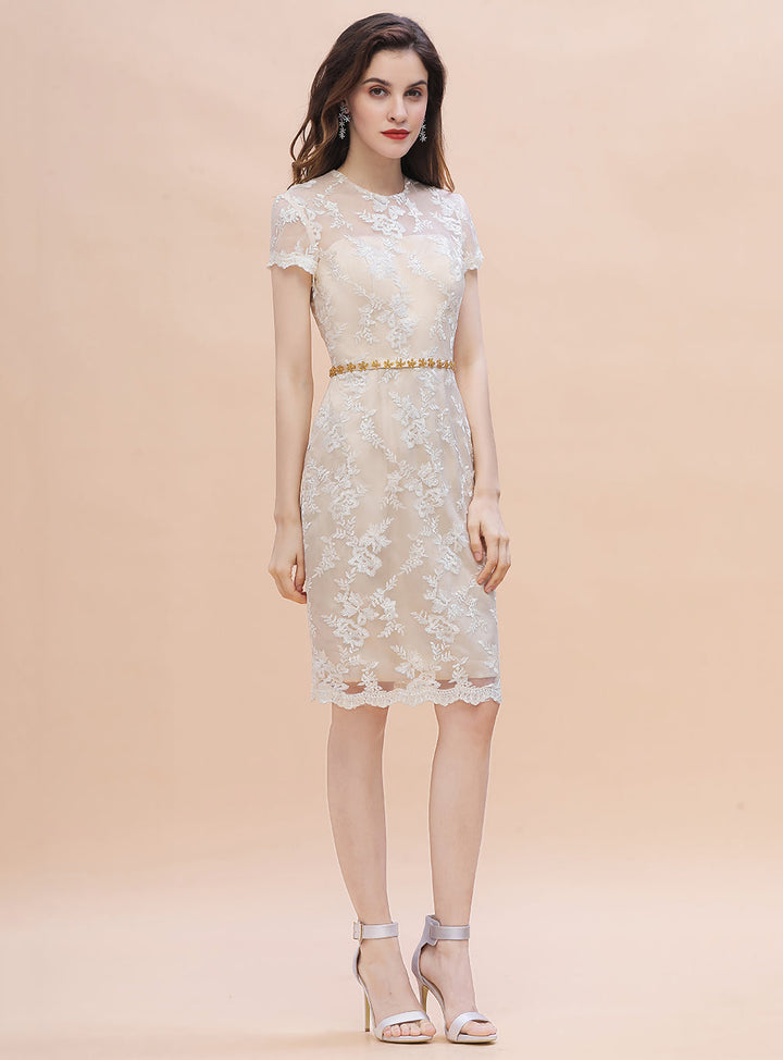 Jewel Short Sleeves Tulle Lace Knee-Length Dress-koscy