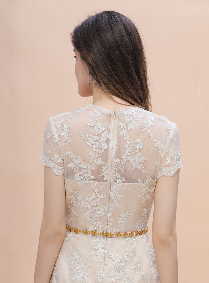 Jewel Short Sleeves Tulle Lace Knee-Length Dress-koscy