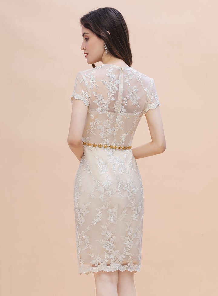 Jewel Short Sleeves Tulle Lace Knee-Length Dress-koscy