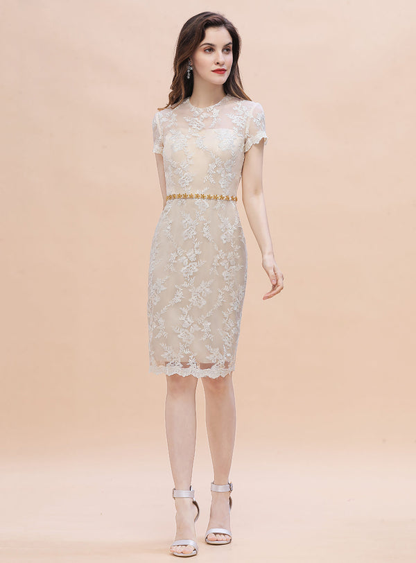 Jewel Short Sleeves Tulle Lace Knee-Length Dress-koscy