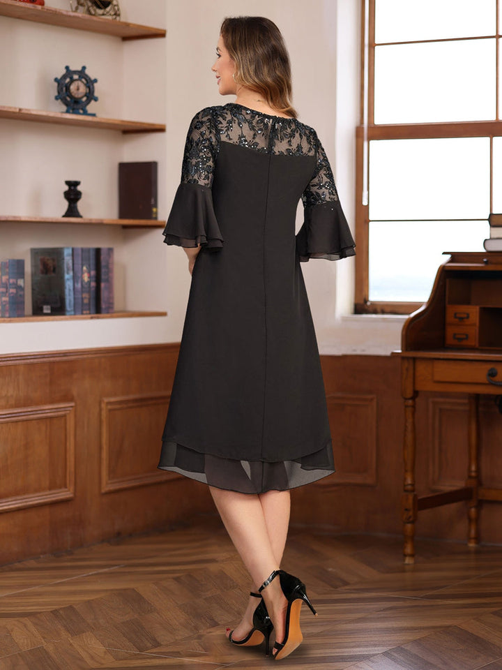 Knee-Length A-Line Princess Dress with Round Neck Half Sleeves Lace Appliques and Ruffles for Mothers of The Bride & Groom Knee-Length A-Line Princess Dress with Round Neck Half Sleeves Lace Appliques and Ruffles for Mothers of The Bride & Groom