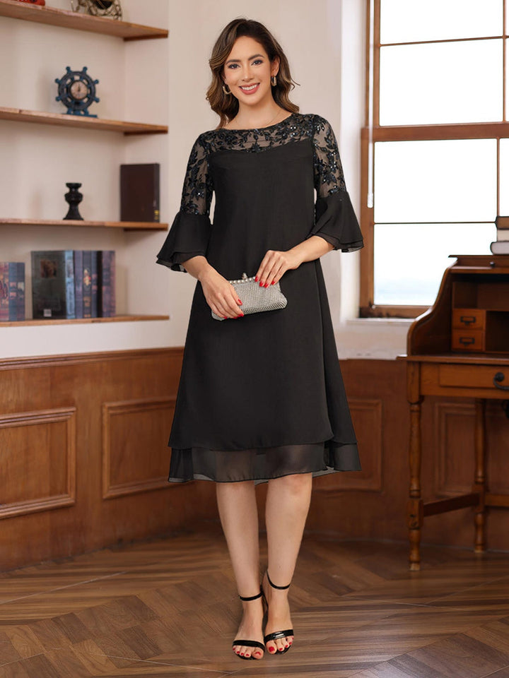 Knee-length A-line Princess Dress with Round Neck Half Sleeves Lace  Appliques and Ruffles for Mothers of the Bride & Groom