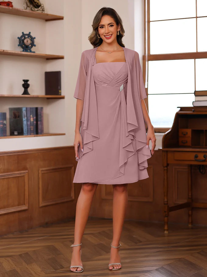 chinese dress ladies Knee-Length Square Neck A-Line Mother of the Bride Dresses With Ruffles and  Jacket