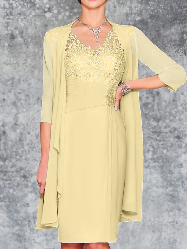 gold mother of the bride dresses knee length Knee-Length V-Neck Sheath/Column Yours Women's Plus Size Long Sleeves;Back Style Women's size:Custom gothic
