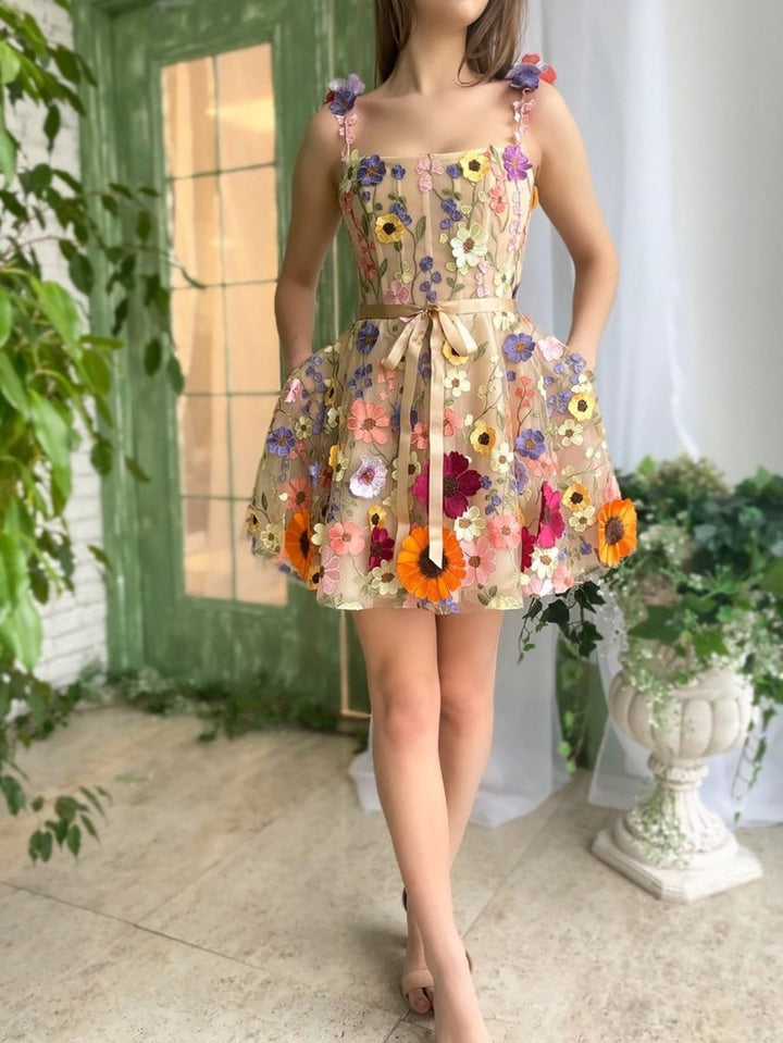 Koscy A Line Floral Short Homecoming Dress With 3D Flowers Koscy A Line Floral Short Homecoming Dress With 3D Flowers
