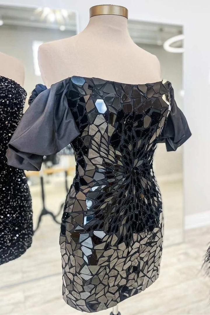 broken glass homecoming dress Koscy Black Cut Glass Mirror Puff Sleeve Short Homecoming Dress