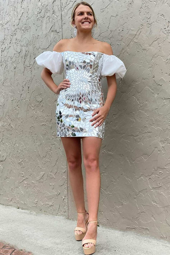 Koscy Black Cut Glass Mirror Puff Sleeve Short Homecoming Dress Koscy Black Cut Glass Mirror Puff Sleeve Short Homecoming Dress