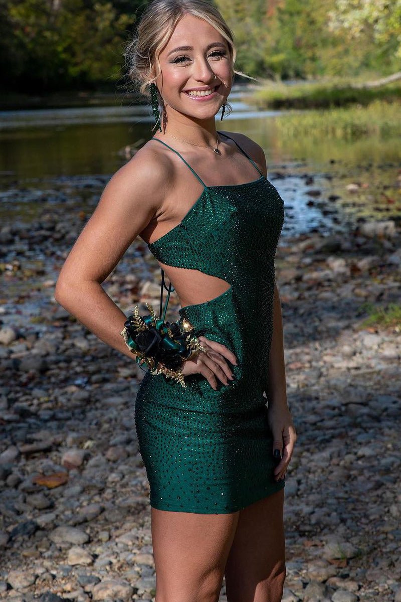 Koscy Dark Green Spaghetti Straps Short Homecoming Dresses with Beadin Koscy Dark Green Spaghetti Straps Short Homecoming Dresses with Beadin
