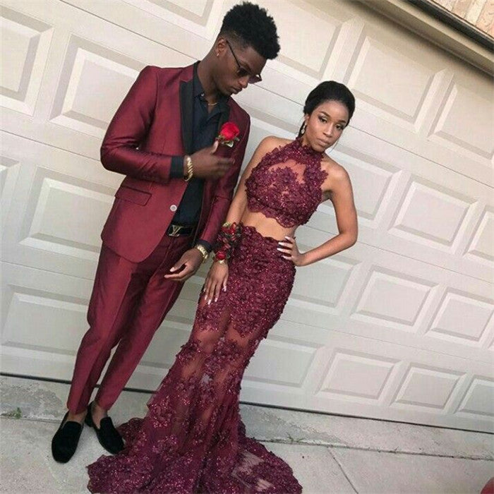 slim fit dress slacks Burgundy Off Shoulders Long Two Piece 8th Grade Prom Dresses main image 0