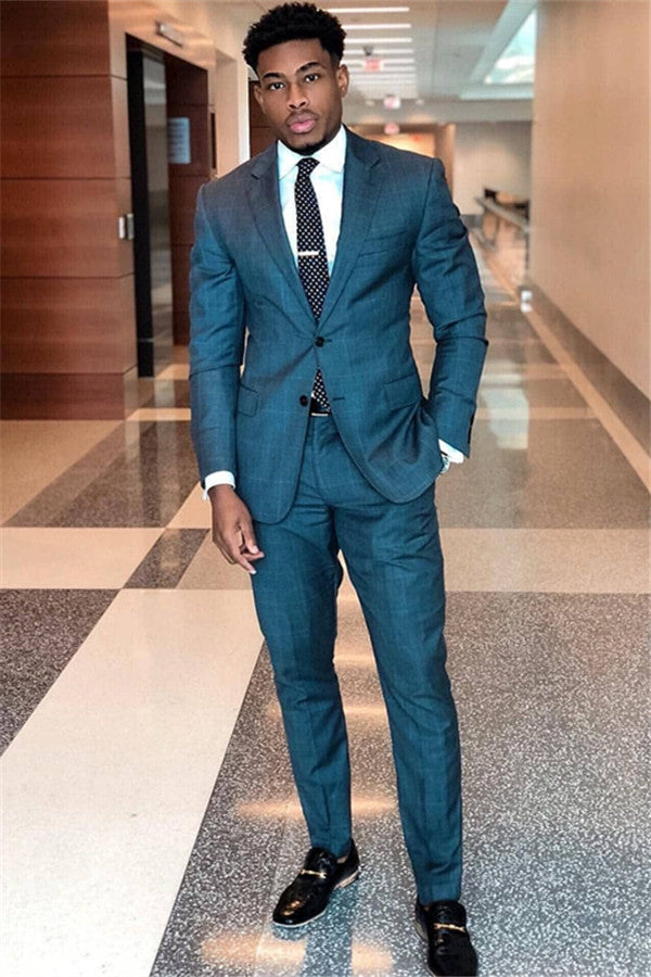 dress suits Koscy Fashionable Blue Plaid Two-Piece Dinner Suit for Men garden party wedding attire Elegant Dark Navy Long modern edge. Size:US 18 / UK 22
