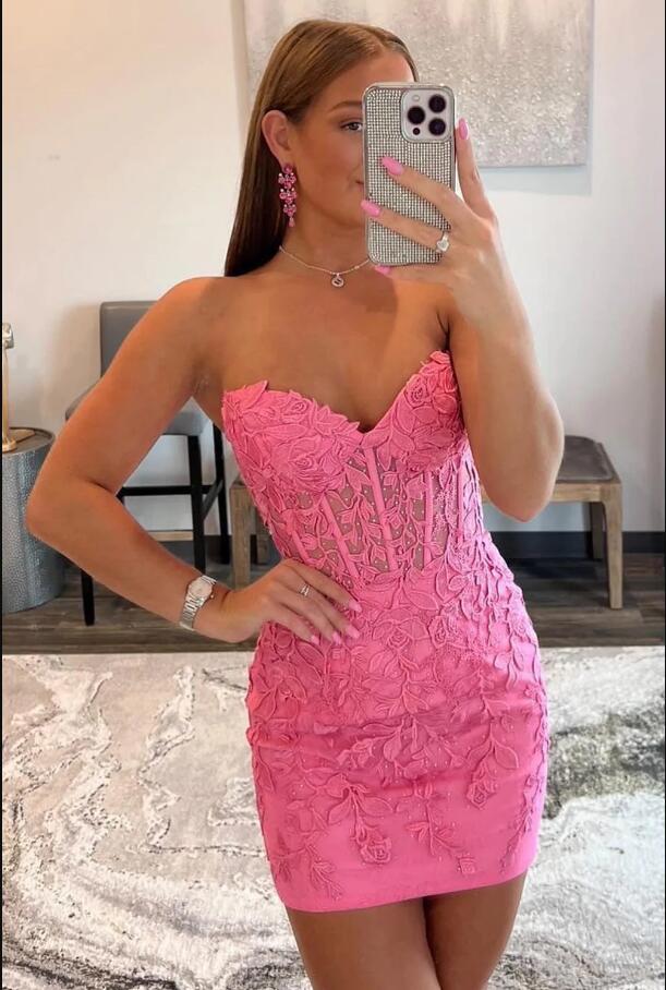 pink homecoming dress tight Pink Spaghetti Strap Bodycon Homecoming Dresses Tight Sequin Cocktail –  Viniodress main image 1