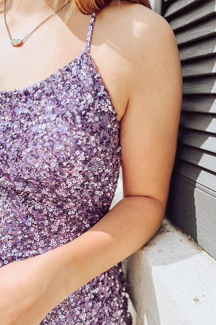 Koscy Purple Sparkly Sequins Bodycon Homecoming Dress With Criss Cross