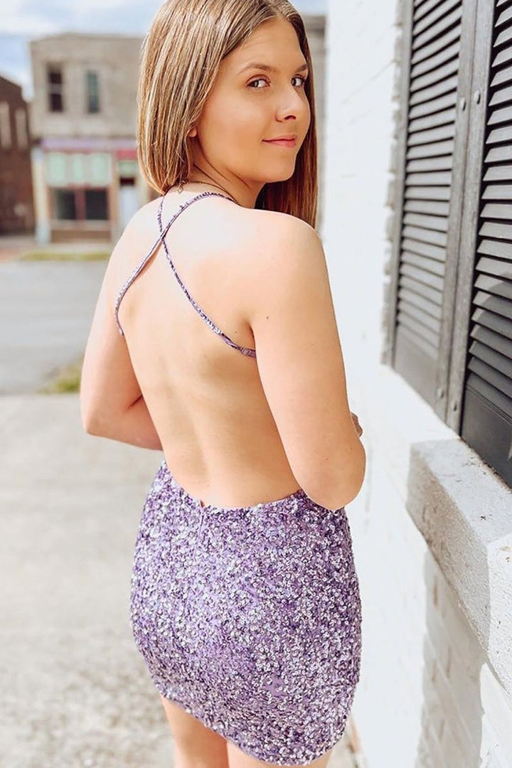 Koscy Purple Sparkly Sequins Bodycon Homecoming Dress With Criss Cross Koscy Purple Sparkly Sequins Bodycon Homecoming Dress With Criss Cross