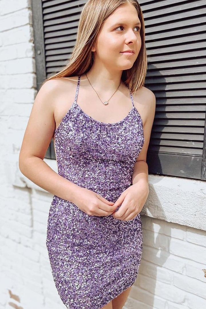 Koscy Purple Sparkly Sequins Bodycon Homecoming Dress With Criss Cross Back Koscy Purple Sparkly Sequins Bodycon Homecoming Dress With Criss Cross Back