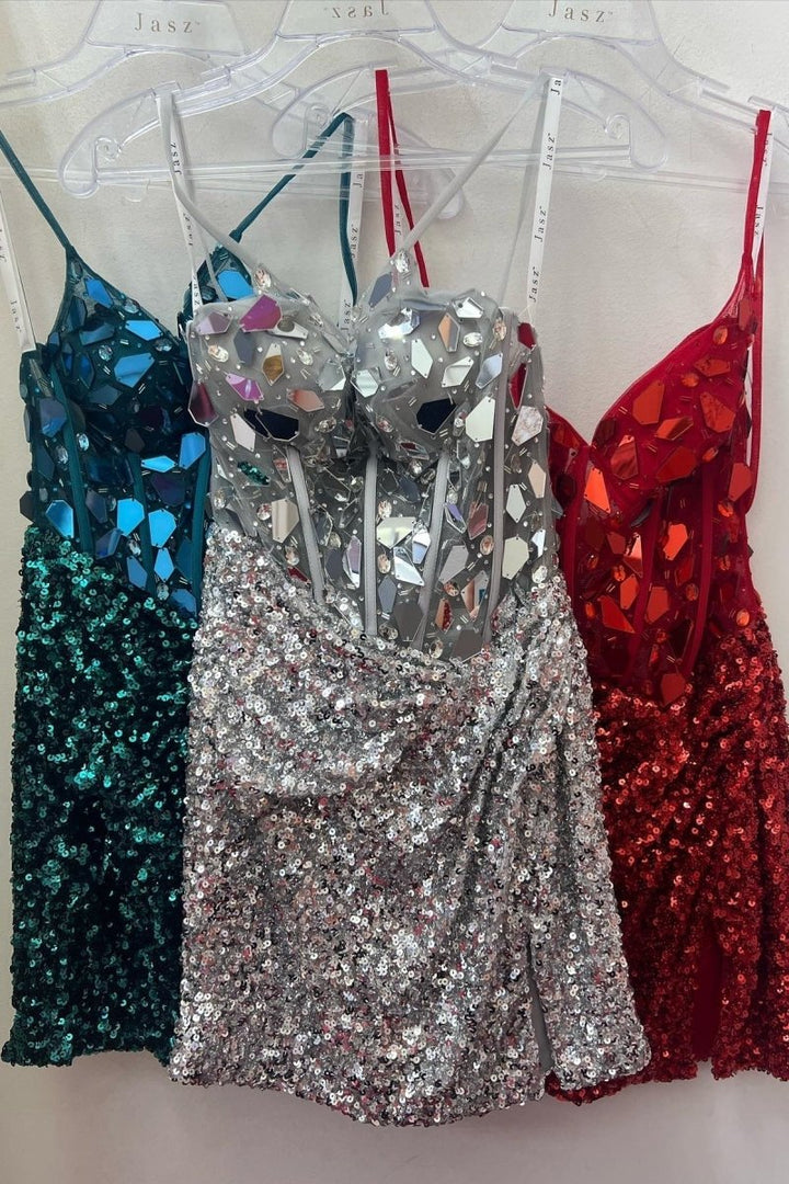Koscy Red Mirror-Cut Sequins Halter Sheath V Neck Homecoming Dress