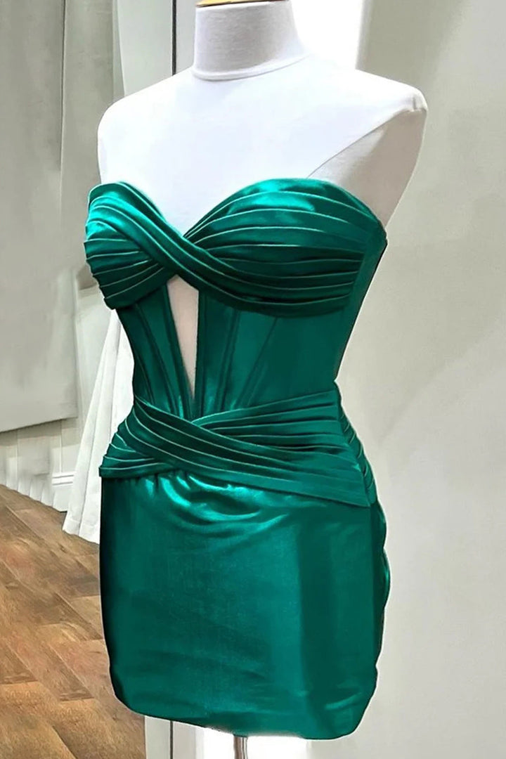 Koscy Red Strapless Keyhole Ruched Satin Sheath Short Homecoming Dress Koscy Red Strapless Keyhole Ruched Satin Sheath Short Homecoming Dress