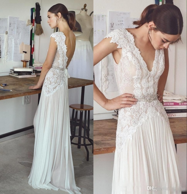 Princess A-Line Floor Length V-Neck Chiffon Wedding Dresses with Lace
