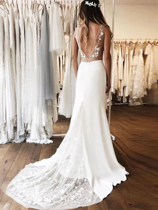 Classy V-neck Lace Backless Mermaid Wedding Gown