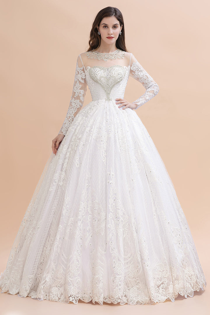 Lace Crystal Beads Sheer Tulle Wedding Dress
