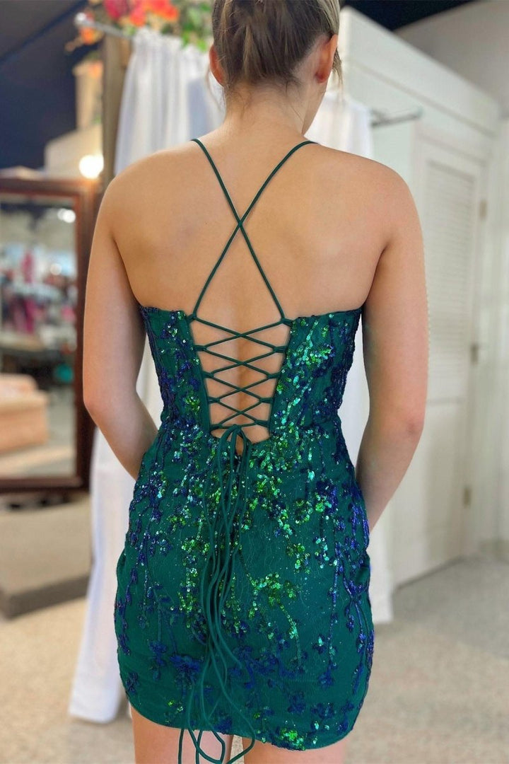 Koscy Lavender Sequin-Embroidery Lace-Up Short Cocktail Dress