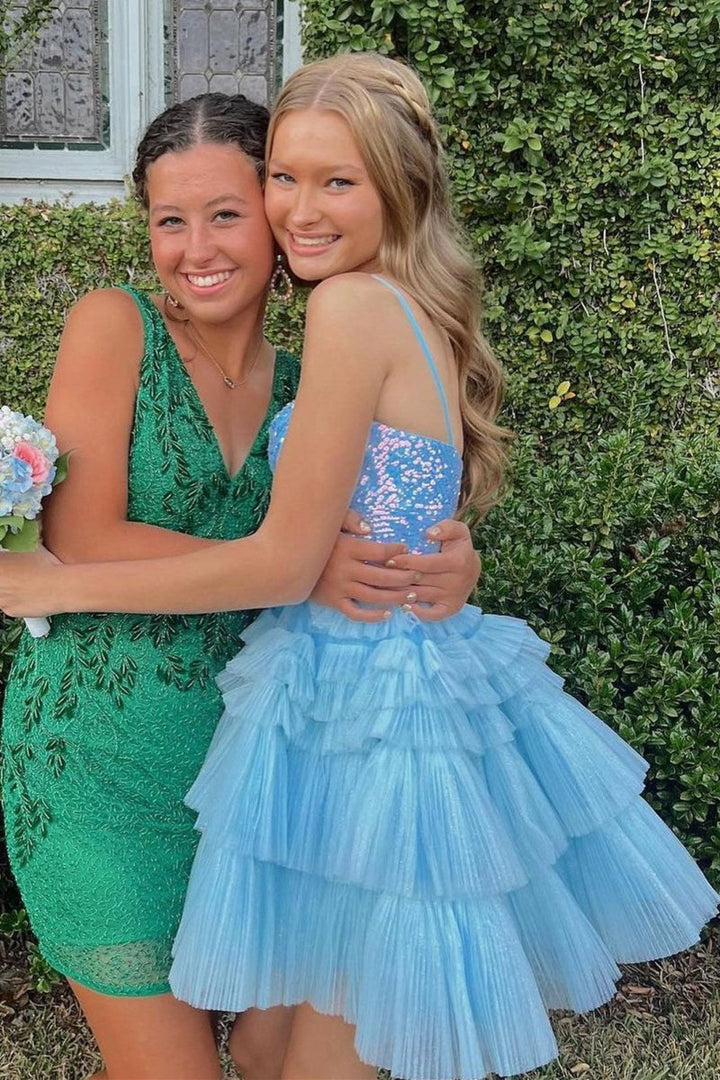 Koscy Lavender Sequin V-Neck Ruffle Tiered Short Homecoming Dress