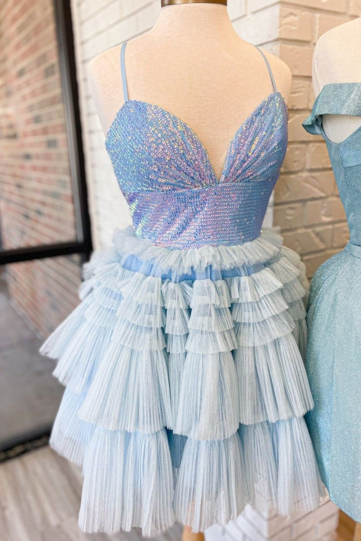 Koscy Lavender Sequin V-Neck Ruffle Tiered Short Homecoming Dress
