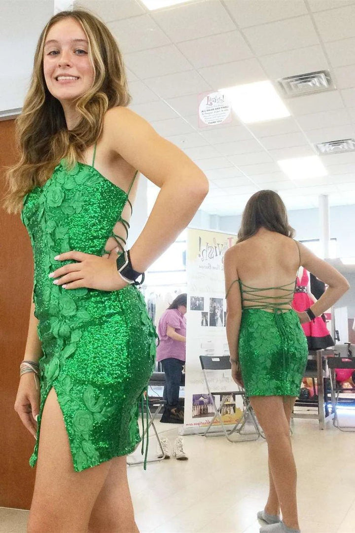 Koscy Sheath Sequin Open Back Homecoming Dress with 3D Flowers