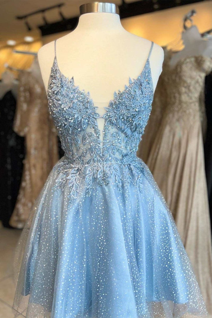 Koscy Light Blue Floral Lace Plunge Neck A-Line Short Party Dress