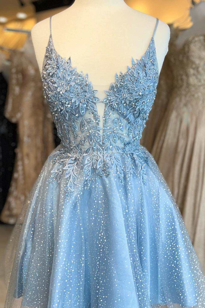 Koscy Light Blue Floral Lace Plunge Neck A-Line Short Party Dress