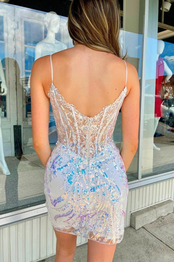 Koscy Light Blue Sequin Lace Sweetheart Fitted Short Homecoming Dress