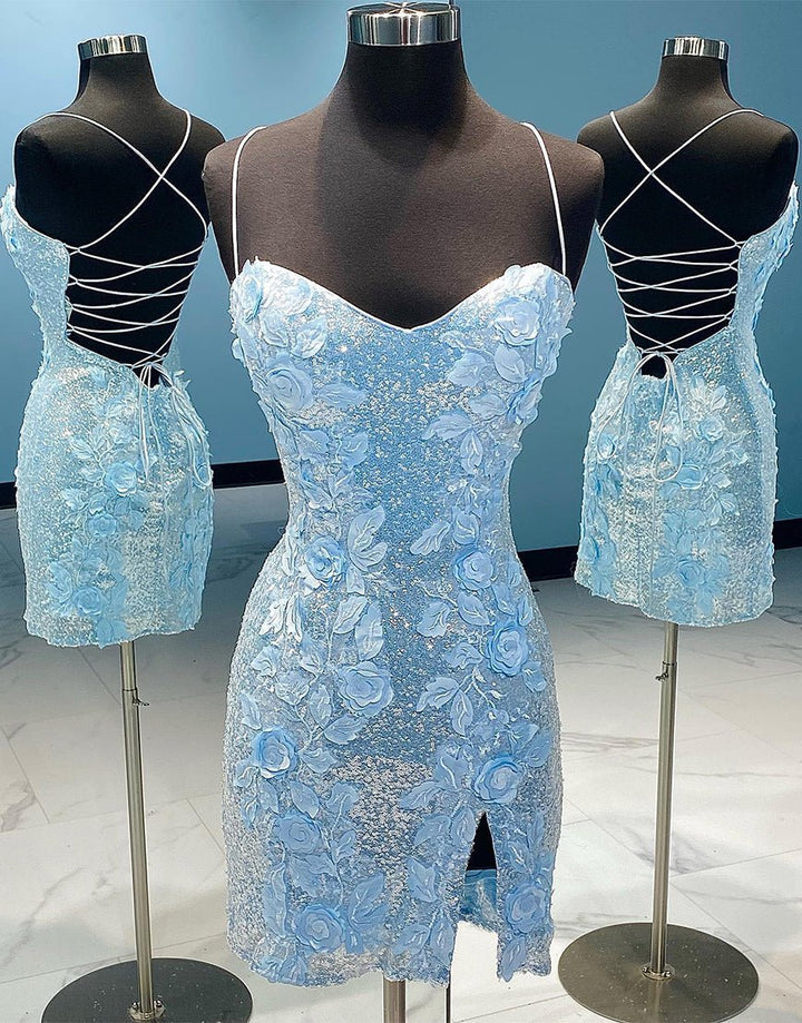 Koscy Sheath Sequin Open Back Homecoming Dress with 3D Flowers