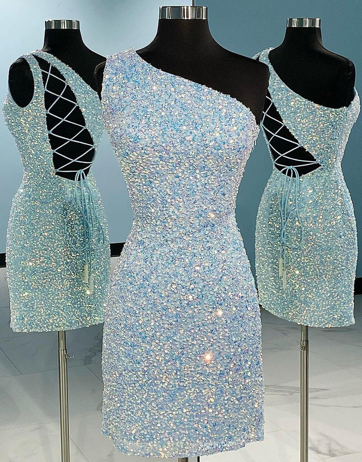 Koscy One Shoulder Tight Sky Blue Homecoming Dress
