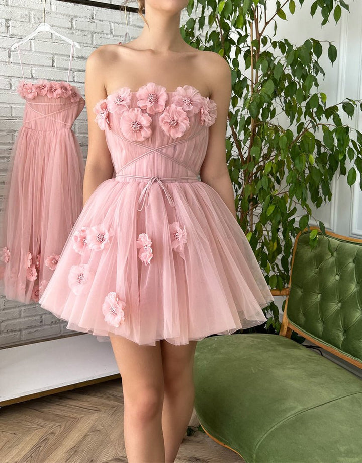 Koscy A-line Short Homecoming Dress with Handmade Flowers