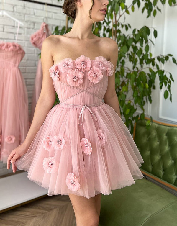 Koscy A-line Short Homecoming Dress with Handmade Flowers