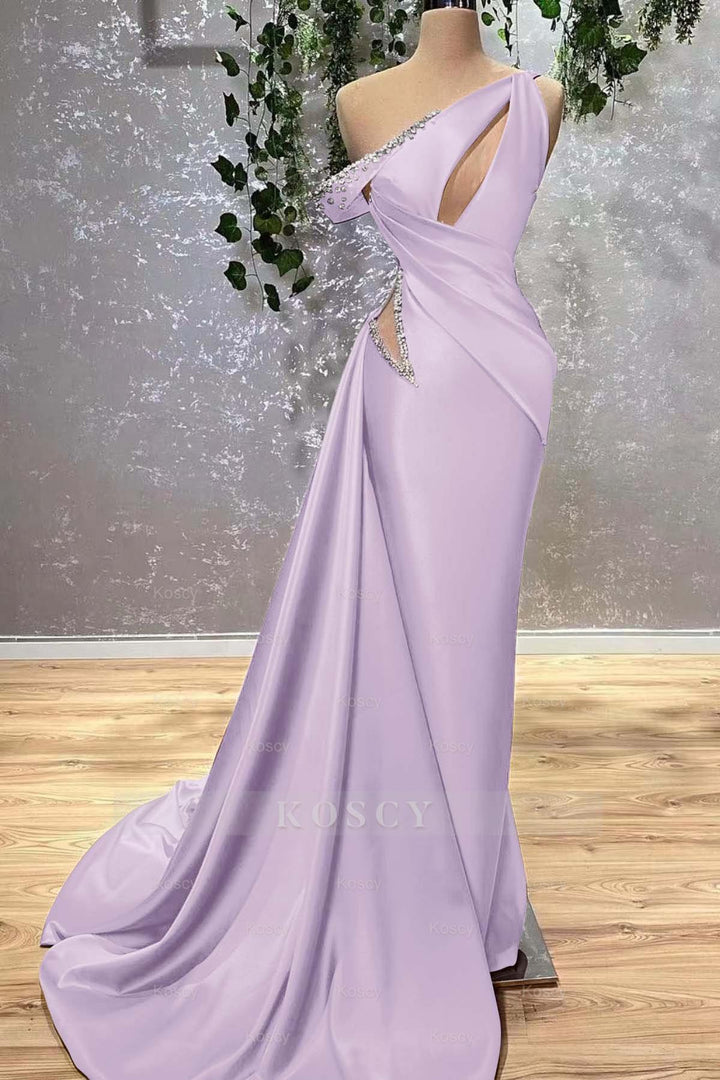 lilac off the shoulder prom dress Lilac Off the Shoulder Sleeveless Mermaid Formal Dress With Beading