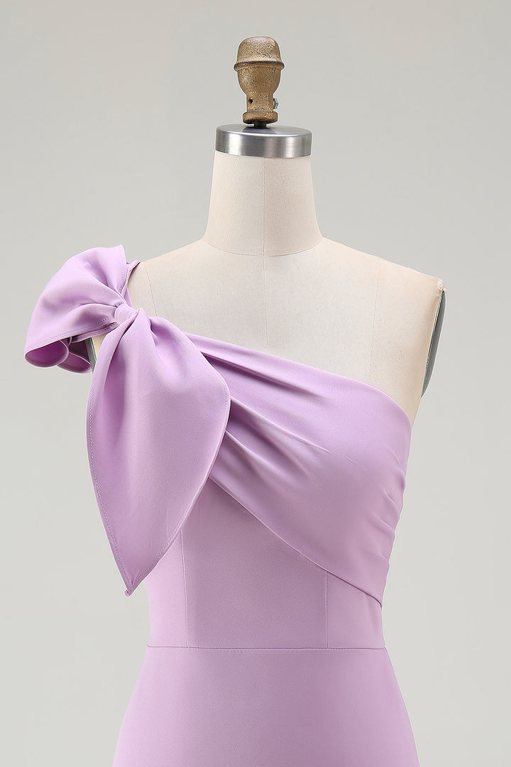 Lilac Satin One Shoulder Ruched Short Tight Homecoming Dress with Bow Lilac Satin One Shoulder Ruched Short Tight Homecoming Dress with Bow